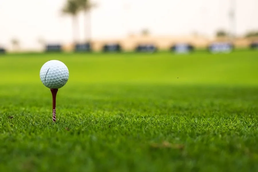 Golf ball on a tee on a fairway